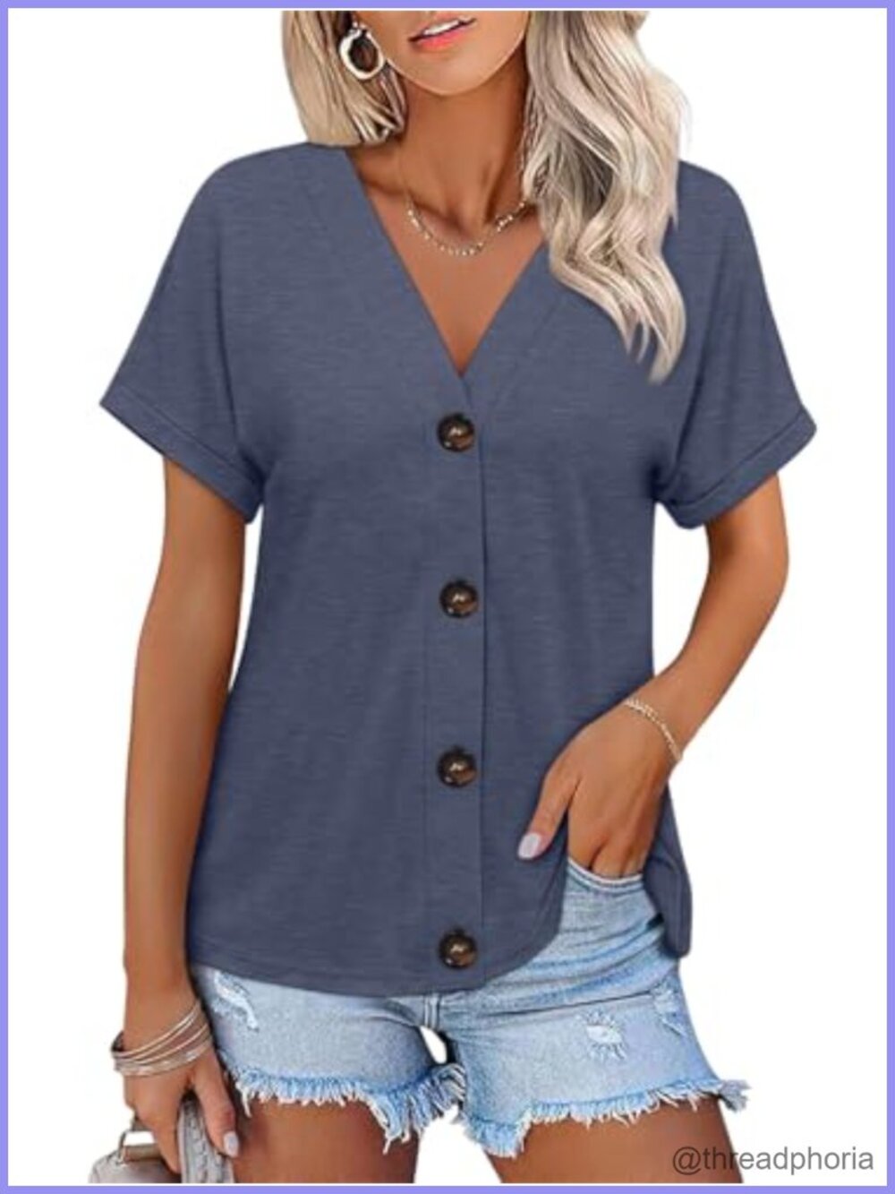 Womens V Neck Short Sleeve Button Down Summer Top Casual Blouse